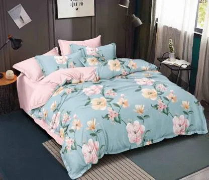 Pleasing Pink Lily Print Double Bedsheet With 2 Pillow Covers (Sky Blue)