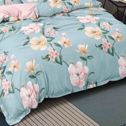 Pleasing Pink Lily Print Double Bedsheet With 2 Pillow Covers (Sky Blue)
