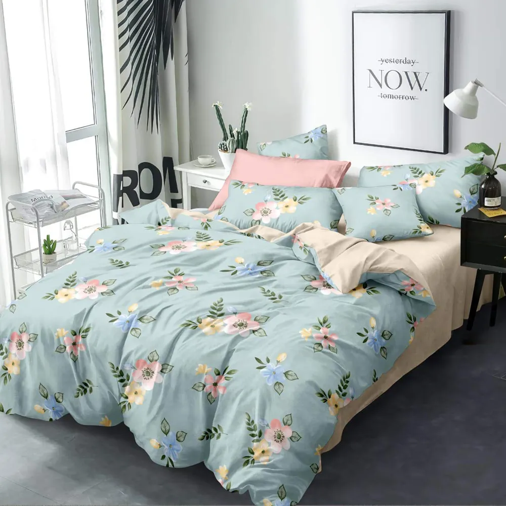 Pleasing Pink Lily Print Double Comforter (Sky Blue)