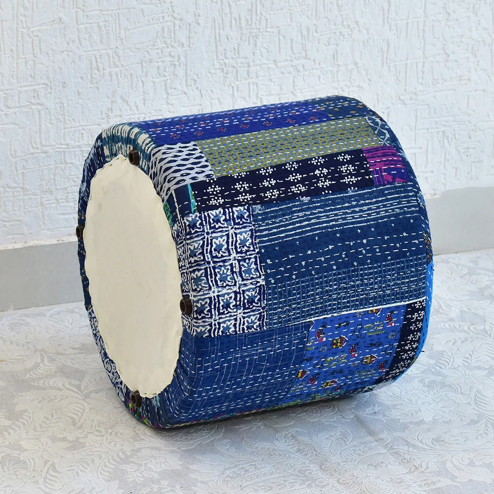 Plush Blue Kantha Gudri Patchwork Pouffe / Ottoman