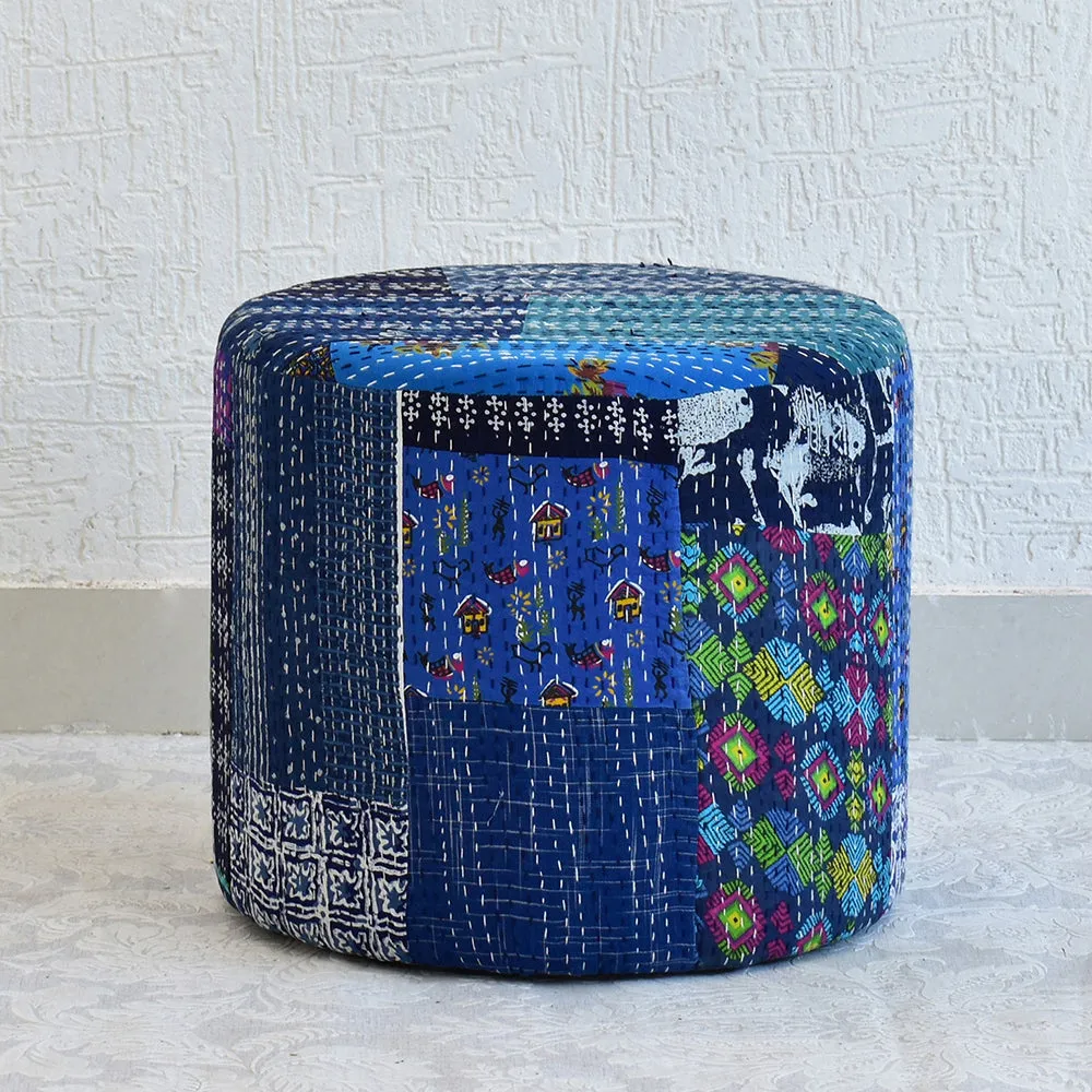Plush Blue Kantha Gudri Patchwork Pouffe / Ottoman