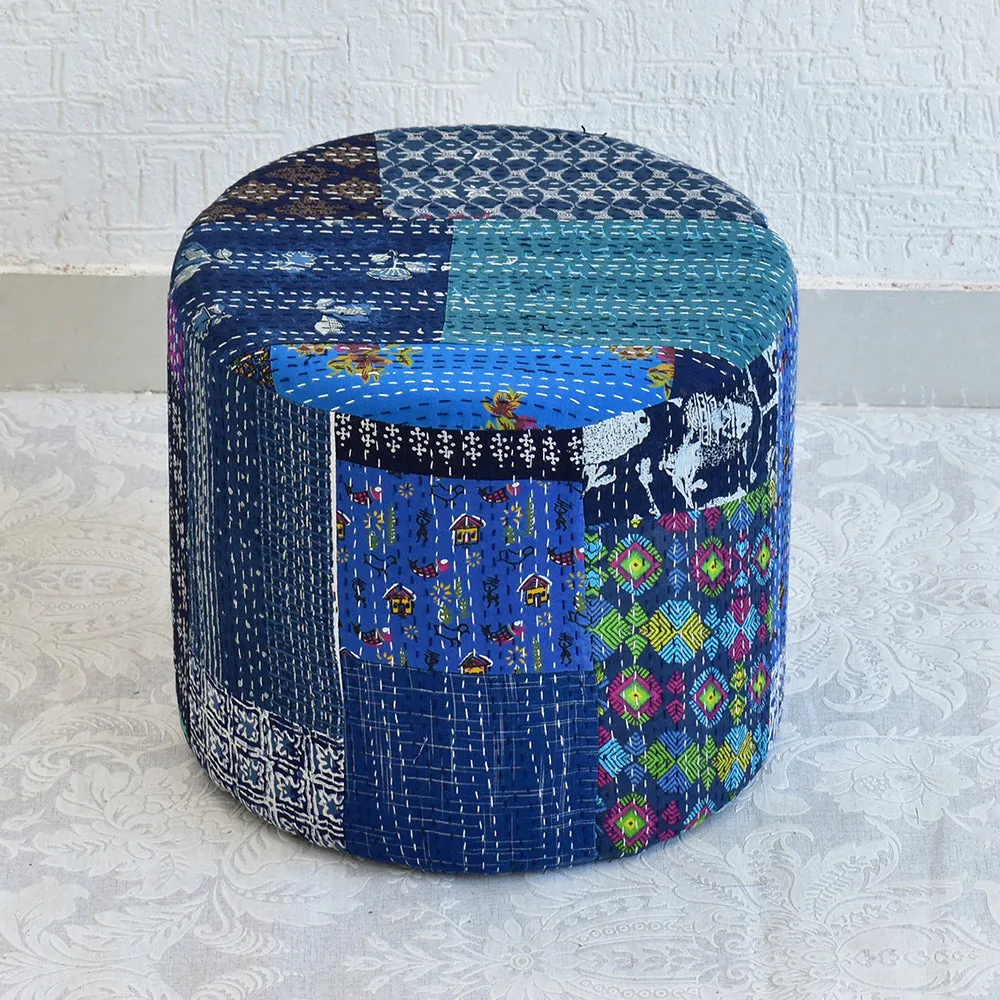 Plush Blue Kantha Gudri Patchwork Pouffe / Ottoman