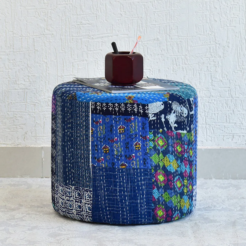Plush Blue Kantha Gudri Patchwork Pouffe / Ottoman