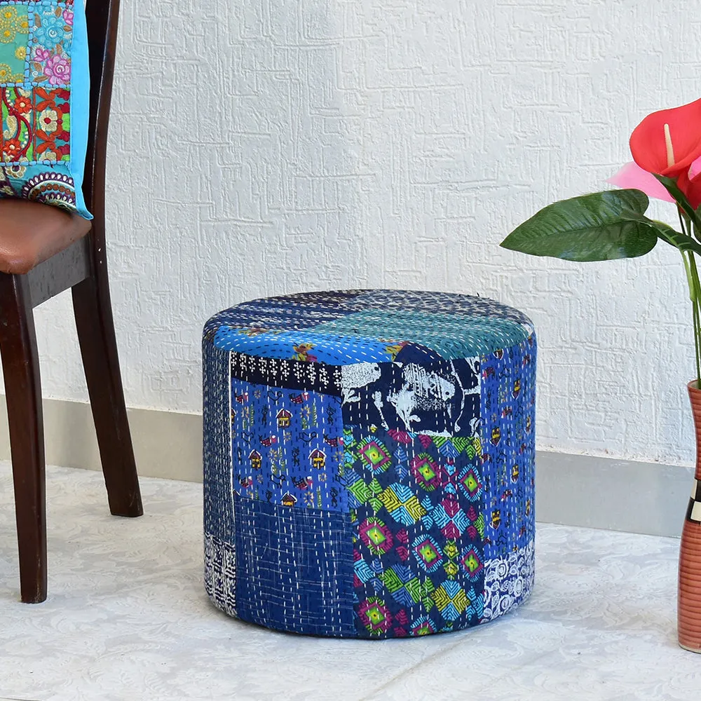 Plush Blue Kantha Gudri Patchwork Pouffe / Ottoman