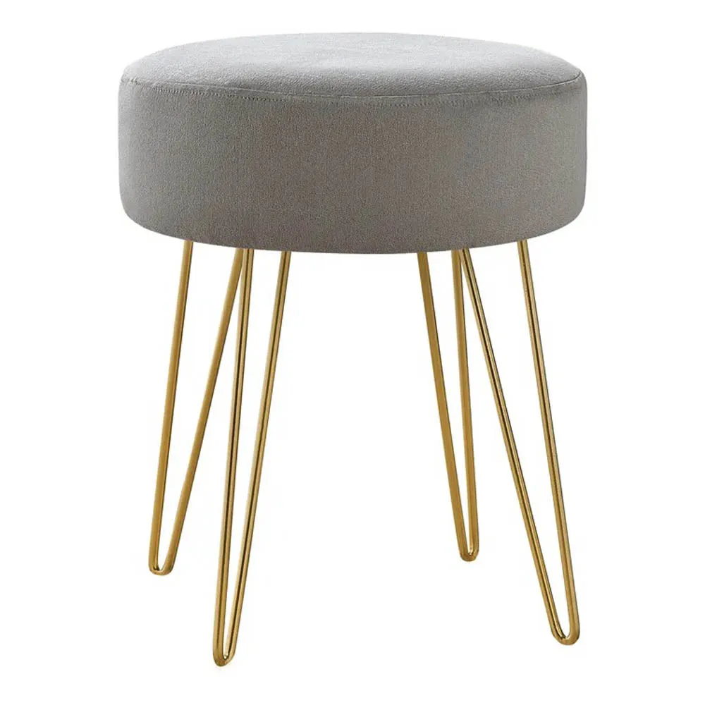 Plush Grey Velvet Vanity Stool with Golden Legs
