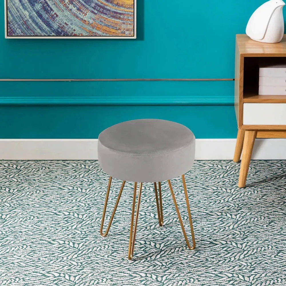 Plush Grey Velvet Vanity Stool with Golden Legs