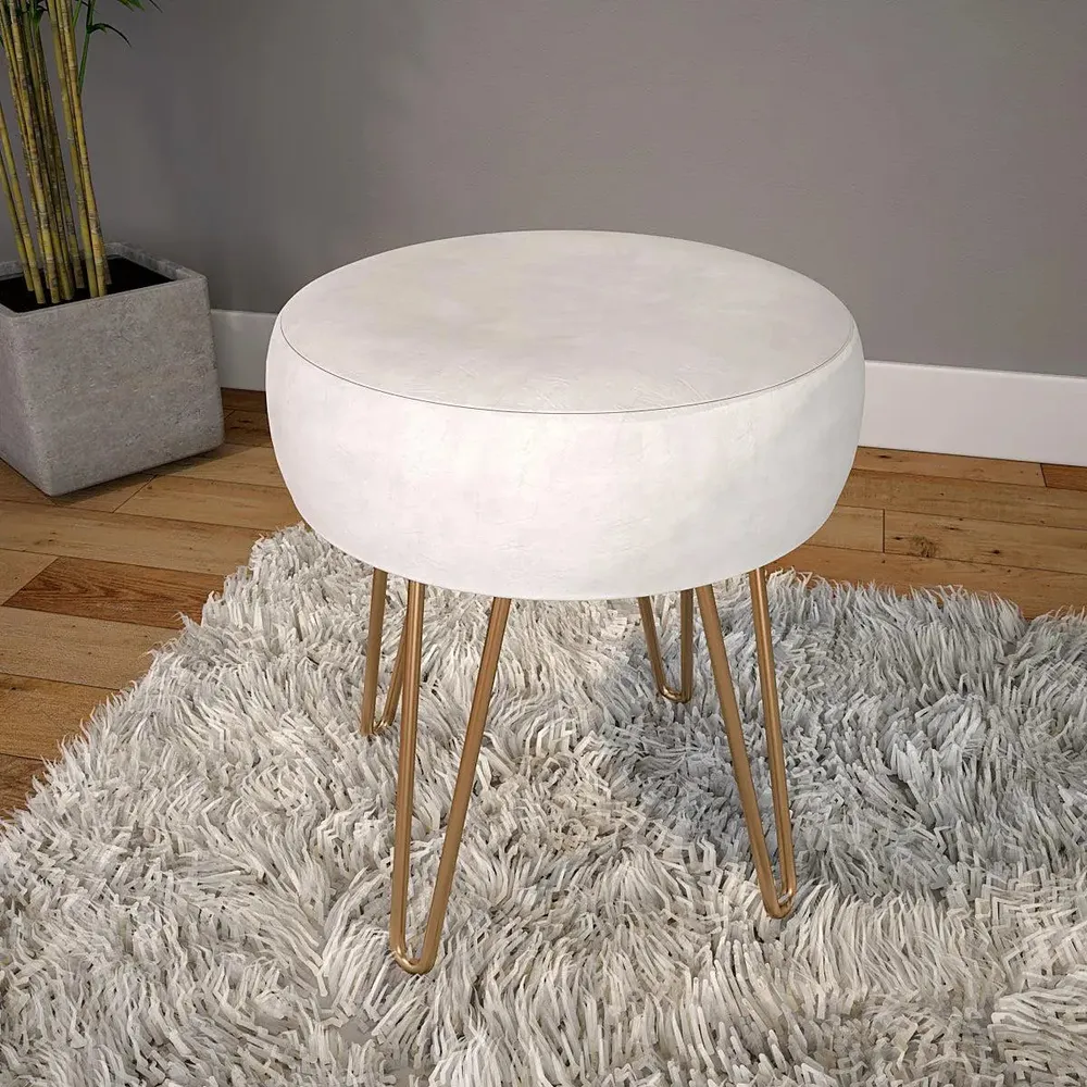 Plush Ivory Velvet Vanity Stool with Golden Legs