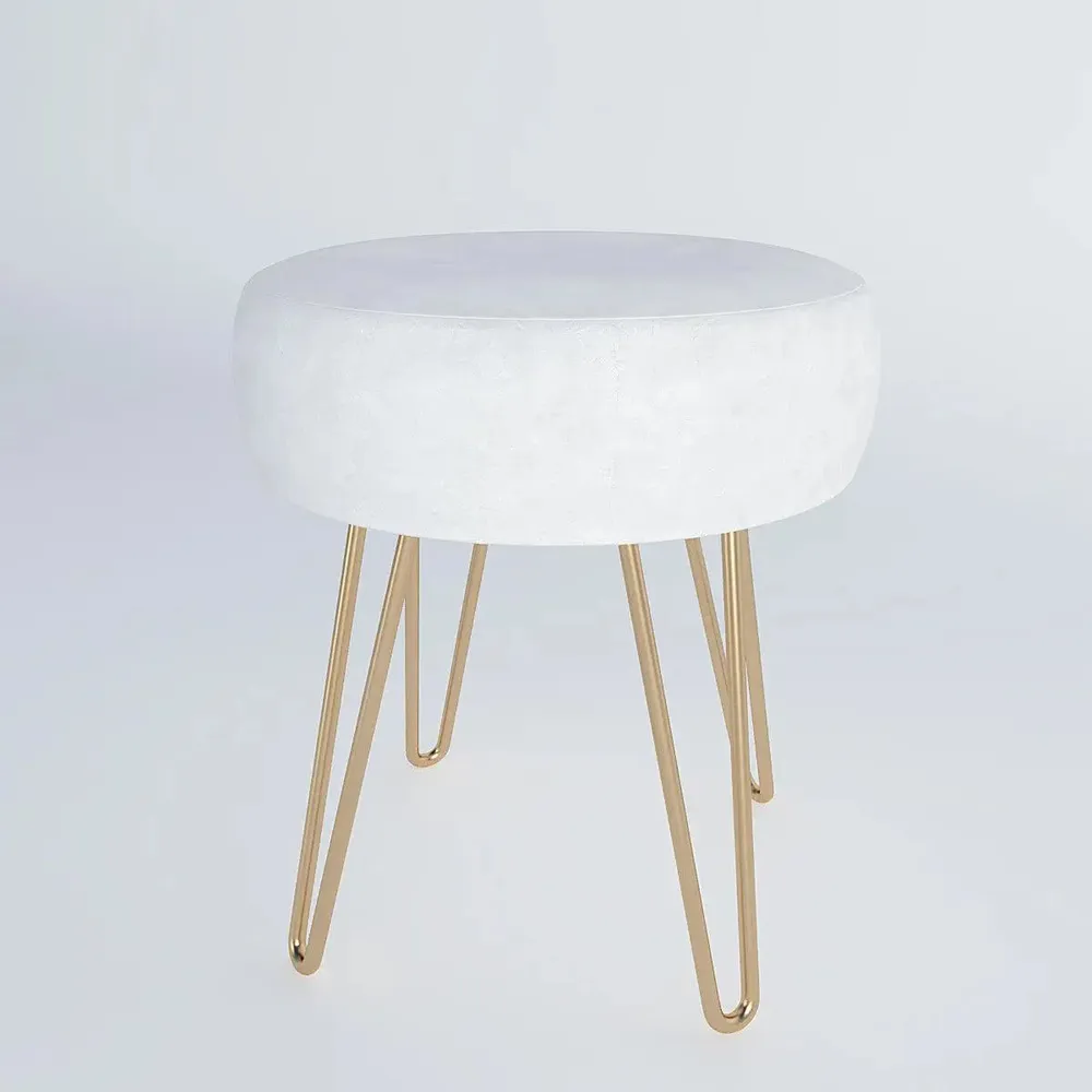 Plush Ivory Velvet Vanity Stool with Golden Legs