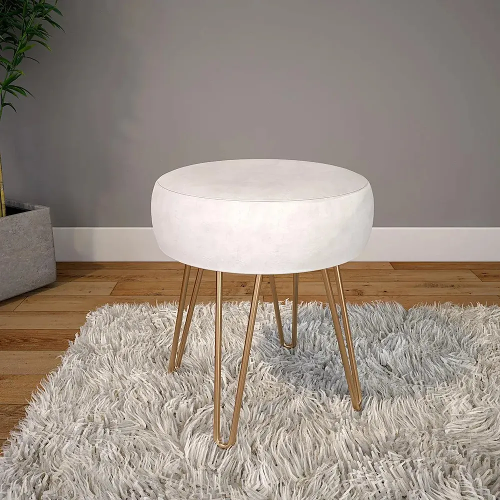 Plush Ivory Velvet Vanity Stool with Golden Legs