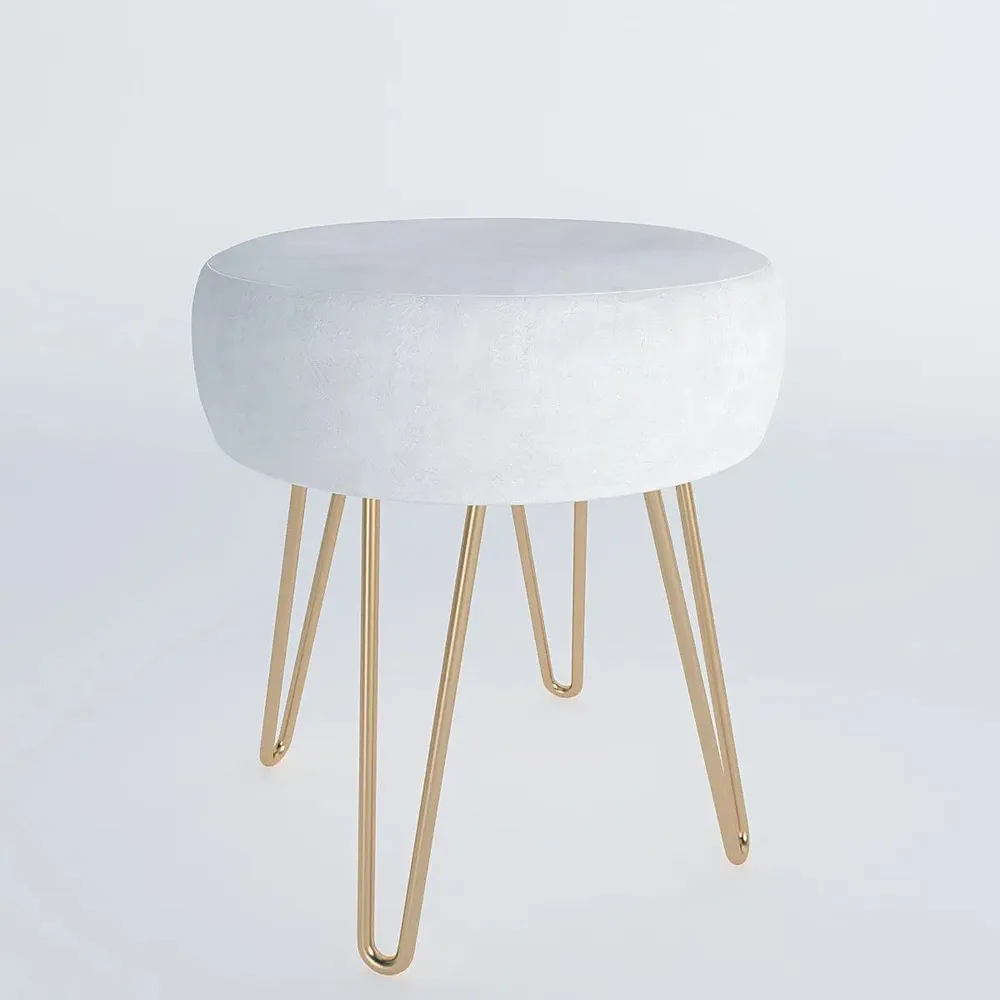 Plush Ivory Velvet Vanity Stool with Golden Legs