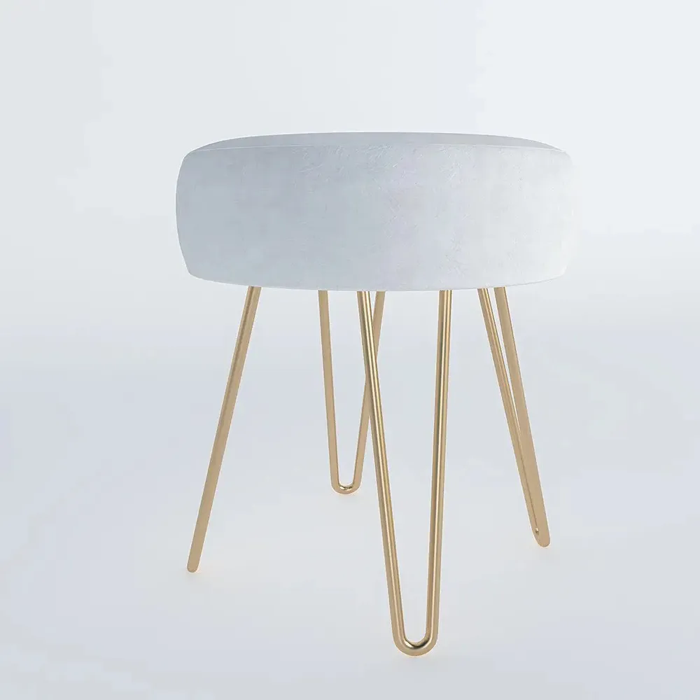 Plush Ivory Velvet Vanity Stool with Golden Legs