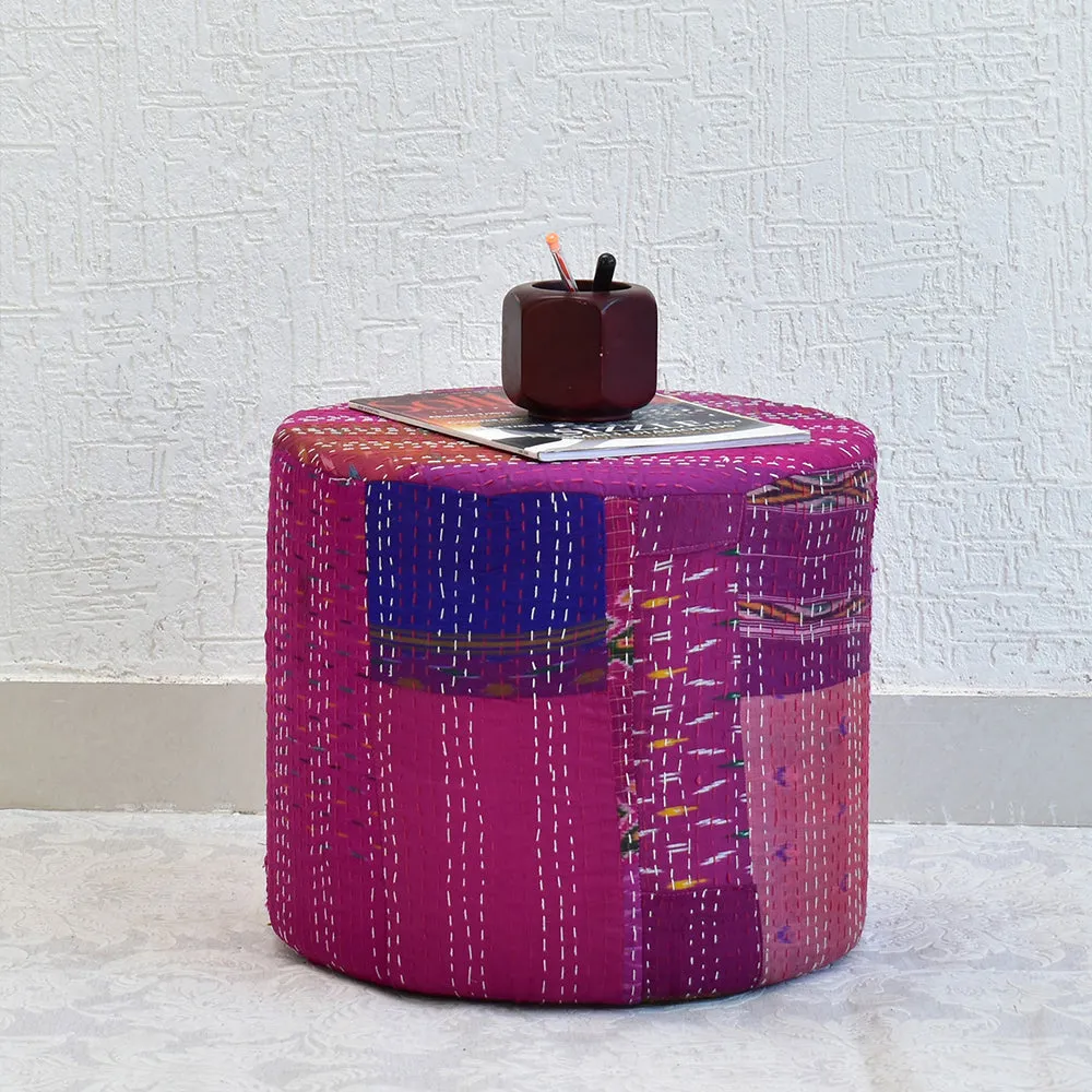 Plush Pink Kantha Gudri Patchwork Pouffe / Ottoman