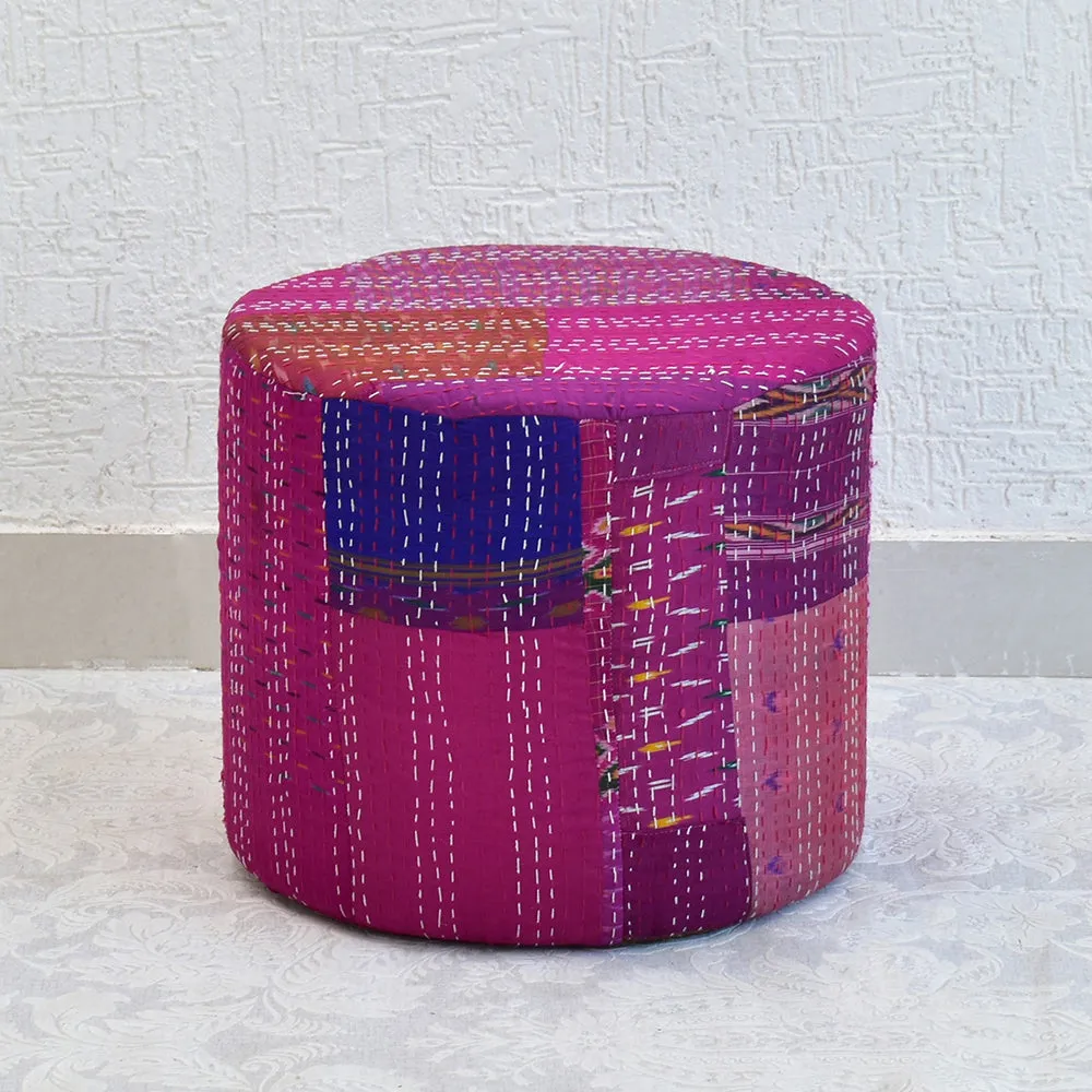 Plush Pink Kantha Gudri Patchwork Pouffe / Ottoman