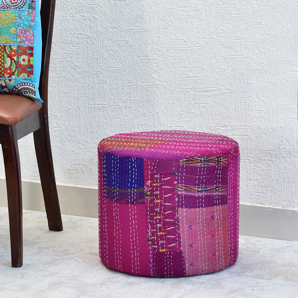 Plush Pink Kantha Gudri Patchwork Pouffe / Ottoman