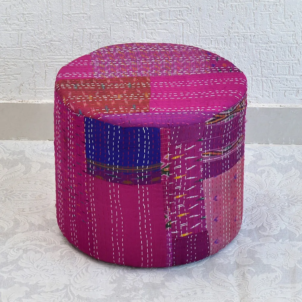 Plush Pink Kantha Gudri Patchwork Pouffe / Ottoman