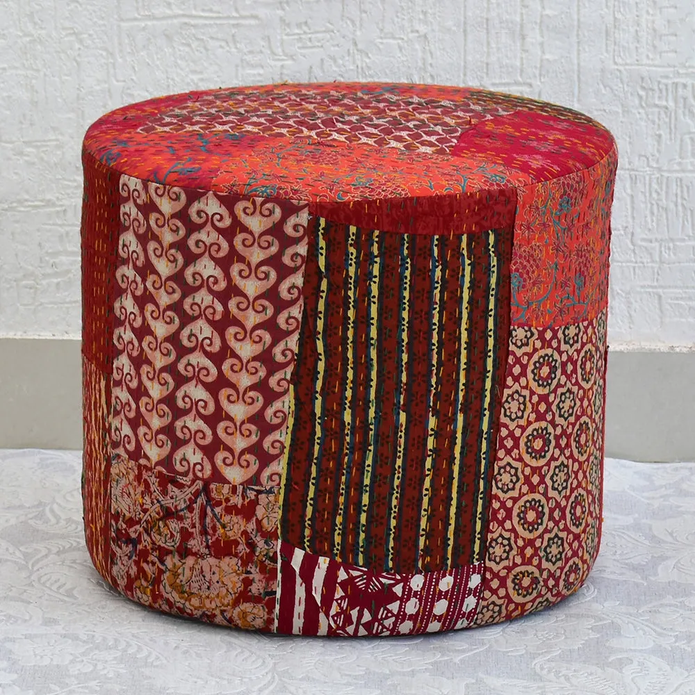 Plush Red Kantha Gudri Patchwork Pouffe / Ottoman
