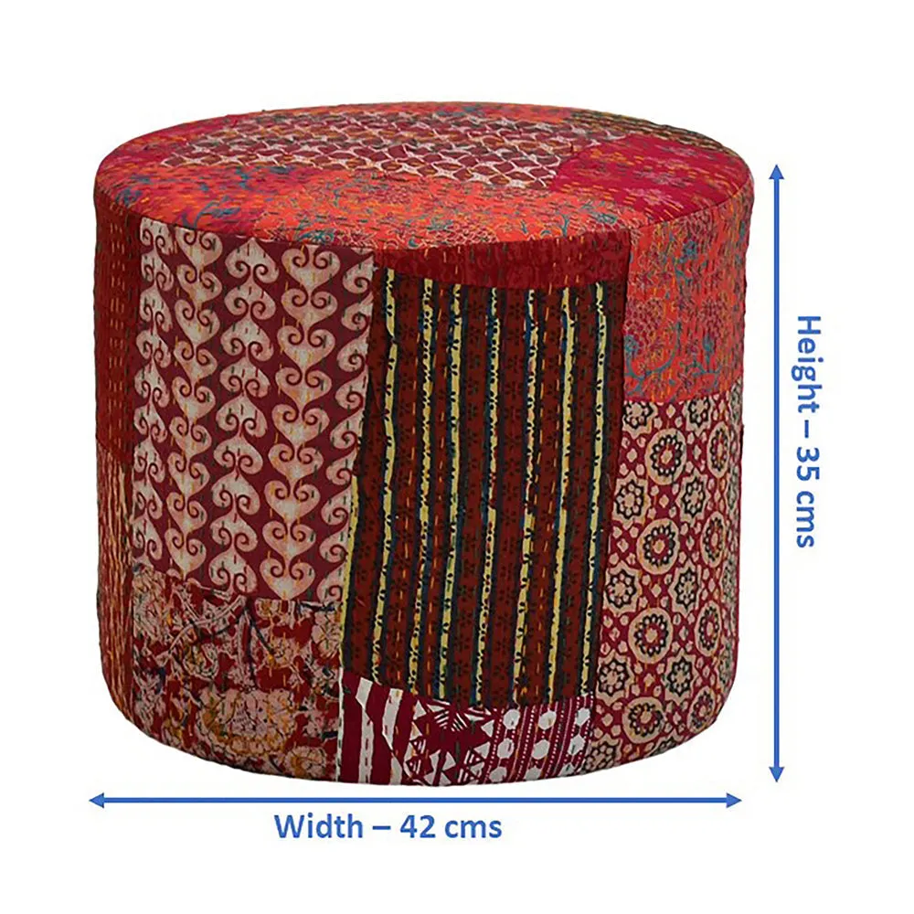 Plush Red Kantha Gudri Patchwork Pouffe / Ottoman