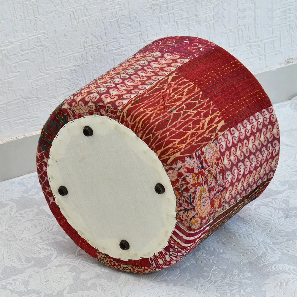 Plush Red Kantha Gudri Patchwork Pouffe / Ottoman