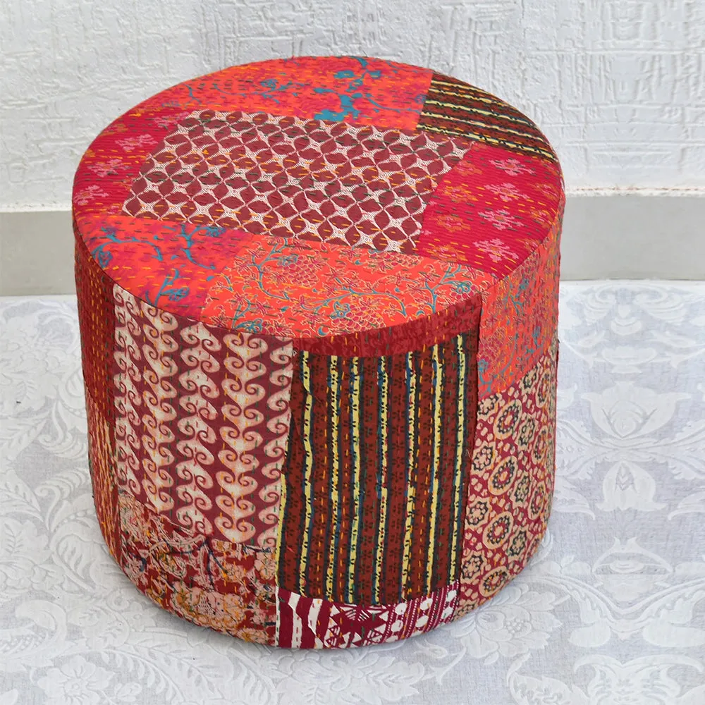 Plush Red Kantha Gudri Patchwork Pouffe / Ottoman