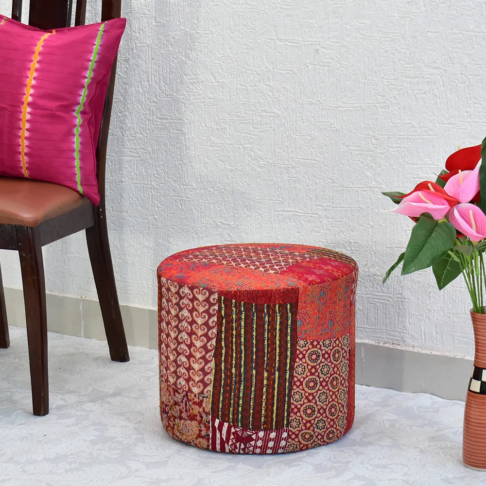 Plush Red Kantha Gudri Patchwork Pouffe / Ottoman