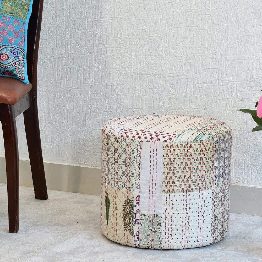 Plush White Kantha Gudri Patchwork Pouffe / Ottoman