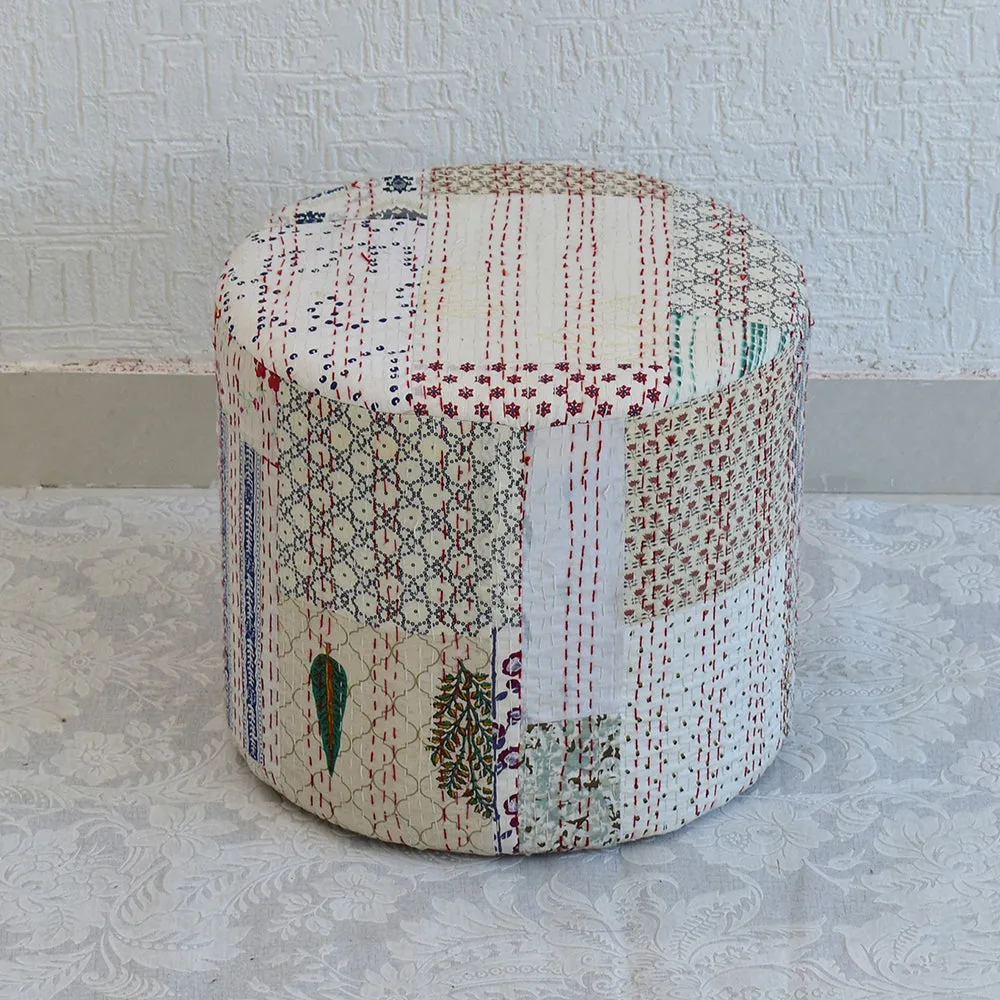 Plush White Kantha Gudri Patchwork Pouffe / Ottoman