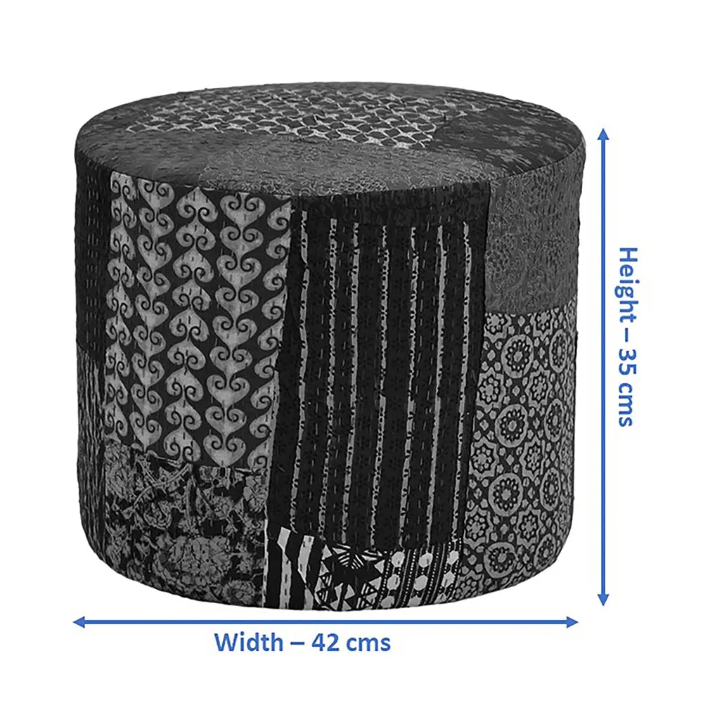 Plush White Kantha Gudri Patchwork Pouffe / Ottoman