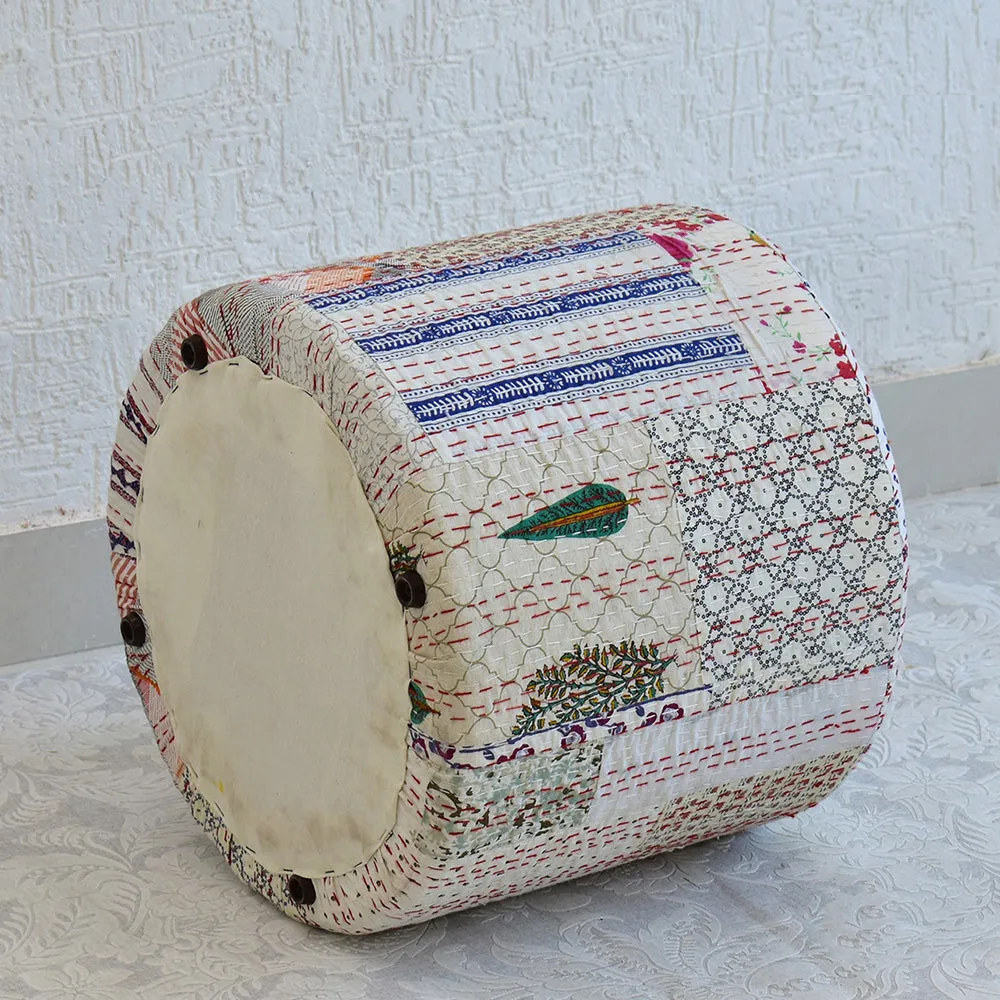 Plush White Kantha Gudri Patchwork Pouffe / Ottoman