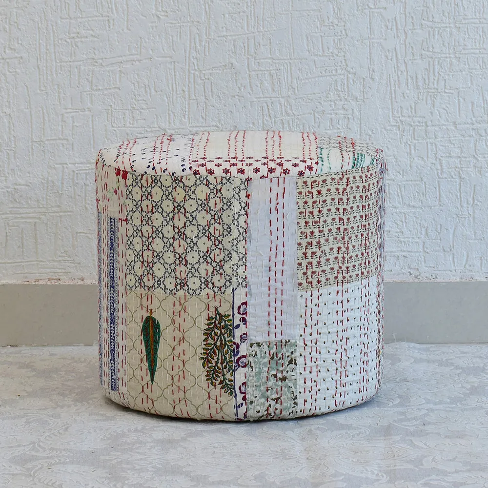 Plush White Kantha Gudri Patchwork Pouffe / Ottoman