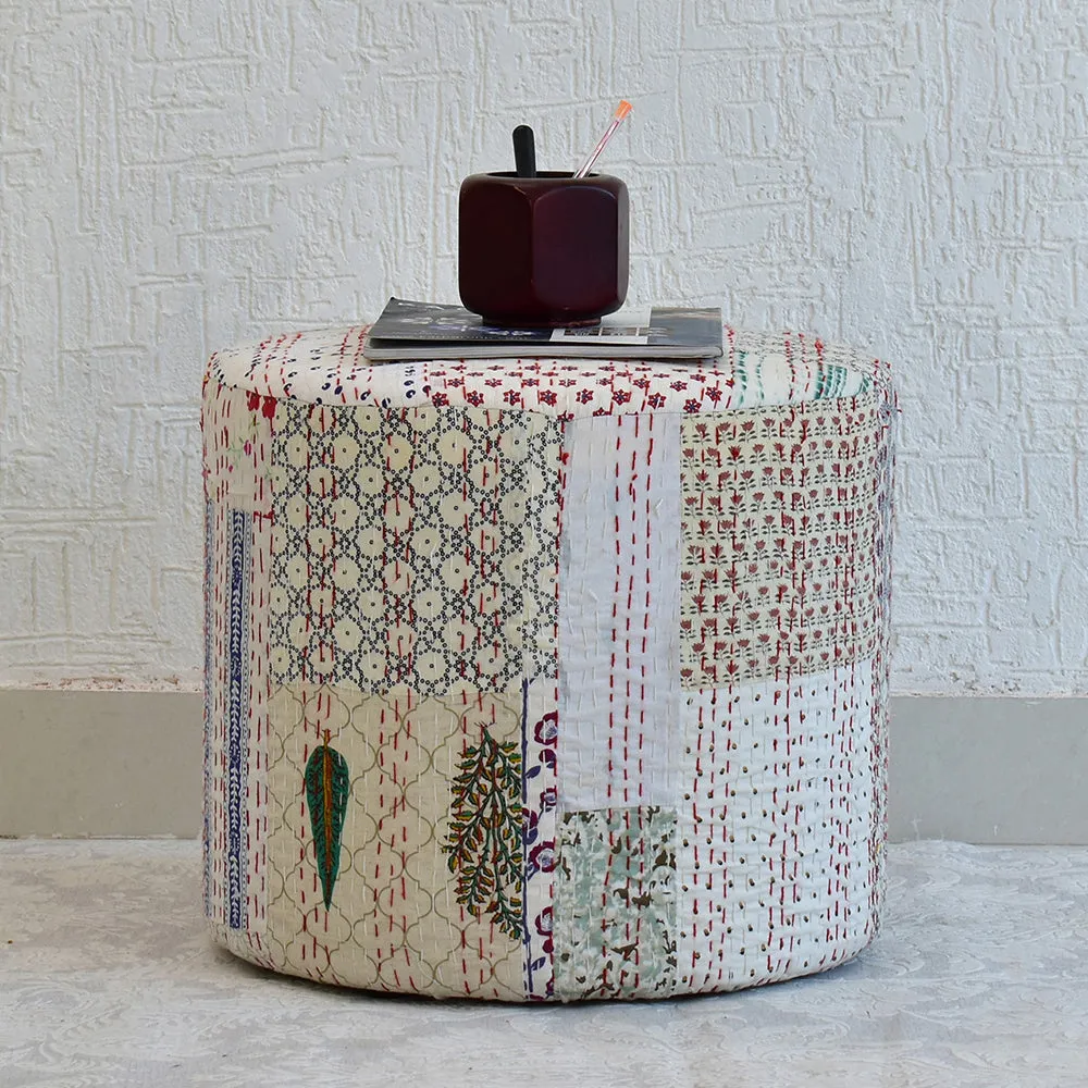 Plush White Kantha Gudri Patchwork Pouffe / Ottoman