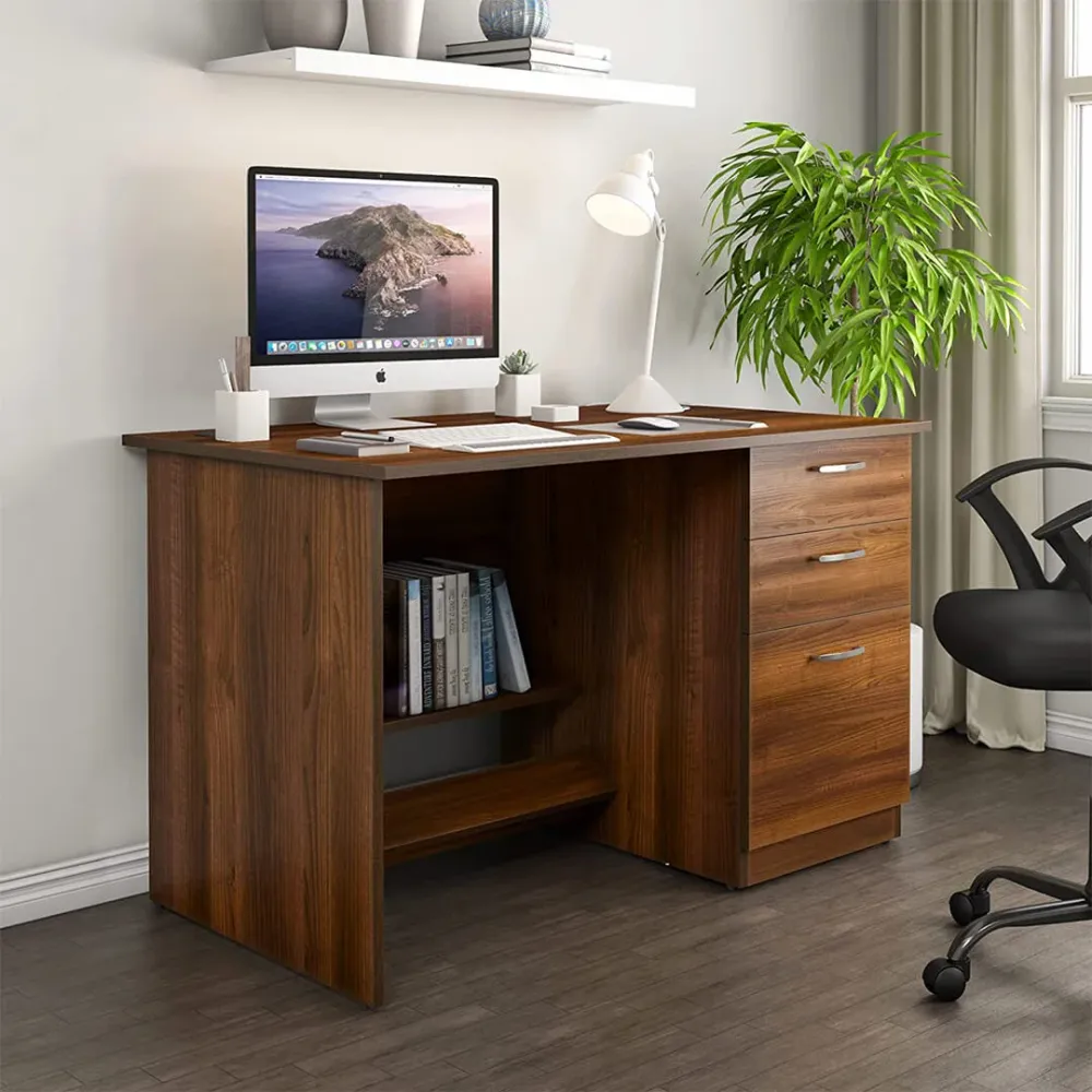WallMantra Plywood Study Desk With Drawers & Shelves Storage in Brown Finish