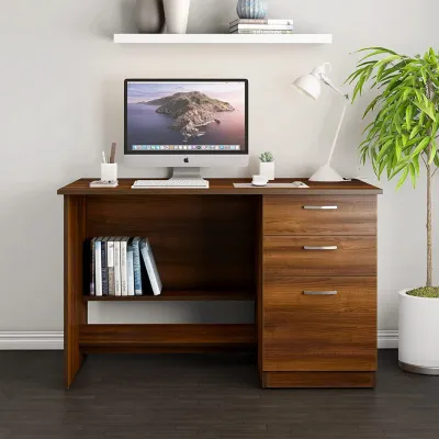 WallMantra Plywood Study Desk With Drawers & Shelves Storage in Brown Finish