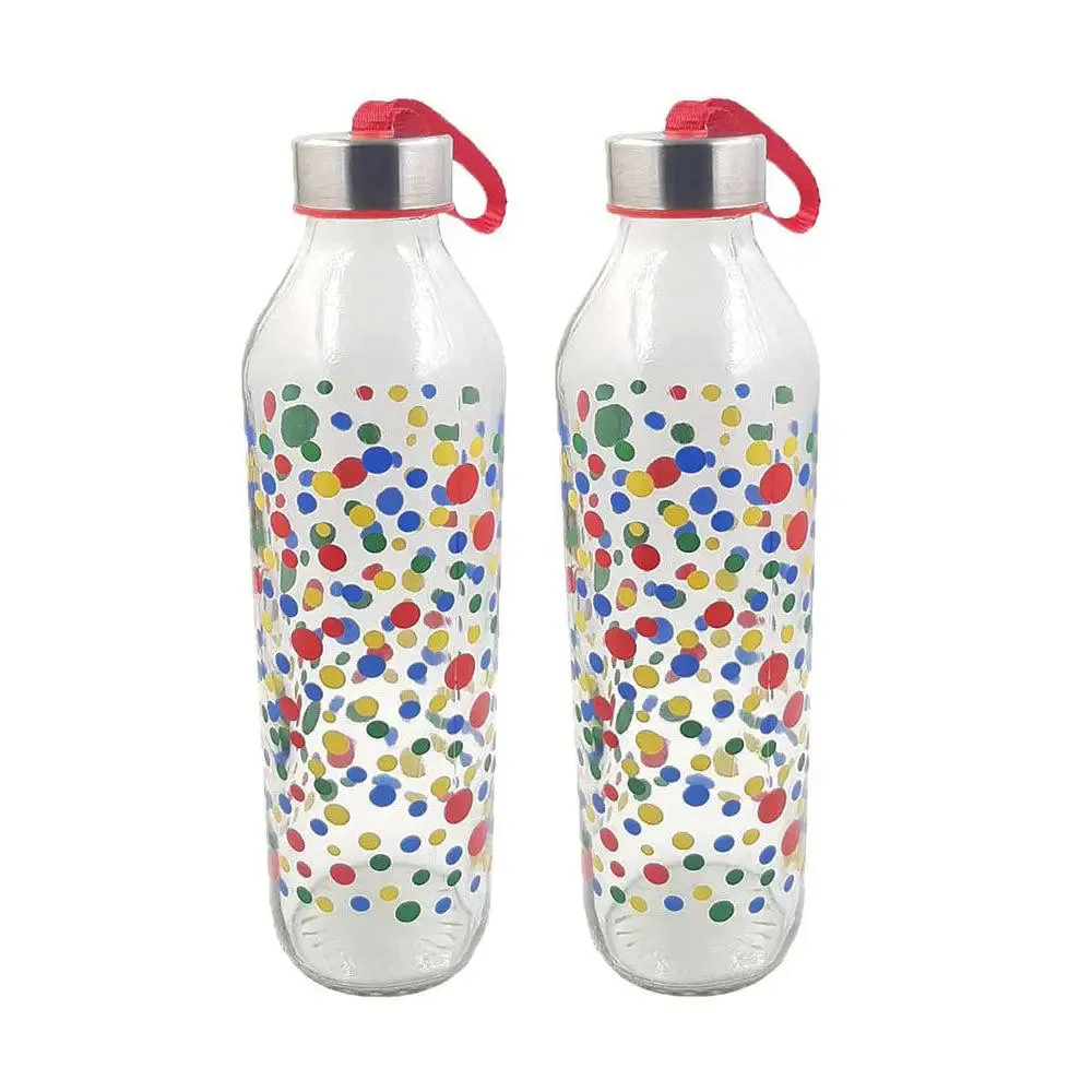 Polka Dotts Printed Glass Water Bottle With Steel Cap Set Of 2 (800 ml)