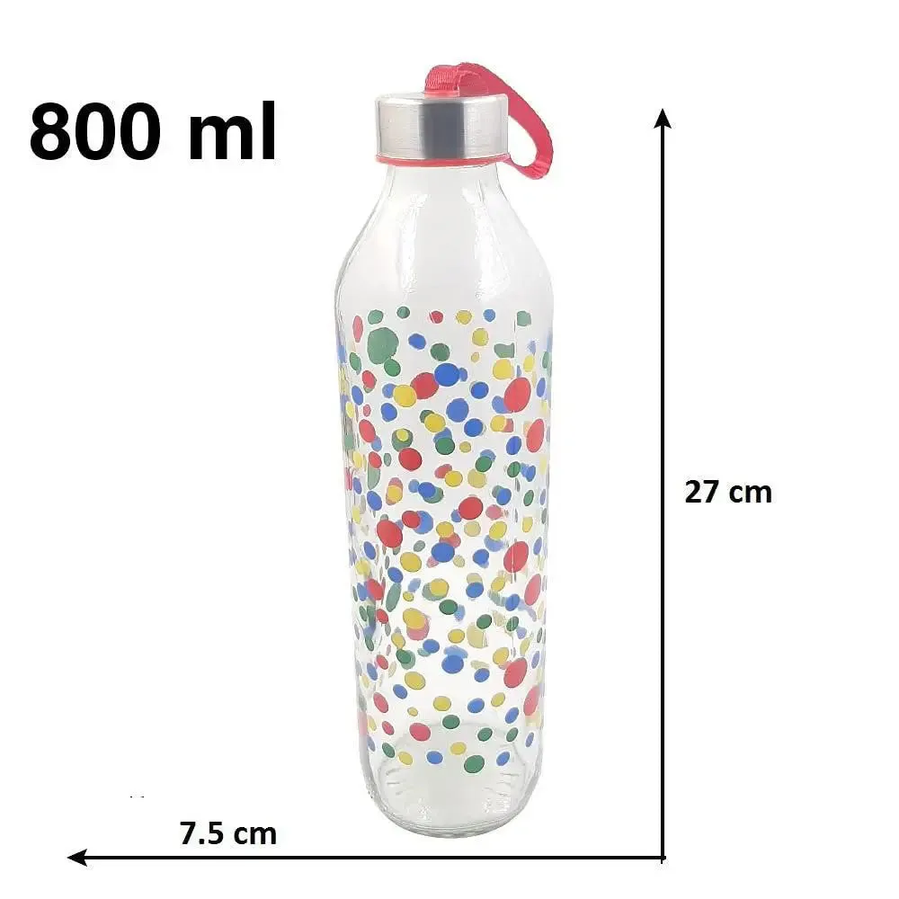 Polka Dotts Printed Glass Water Bottle With Steel Cap Set Of 2 (800 ml)