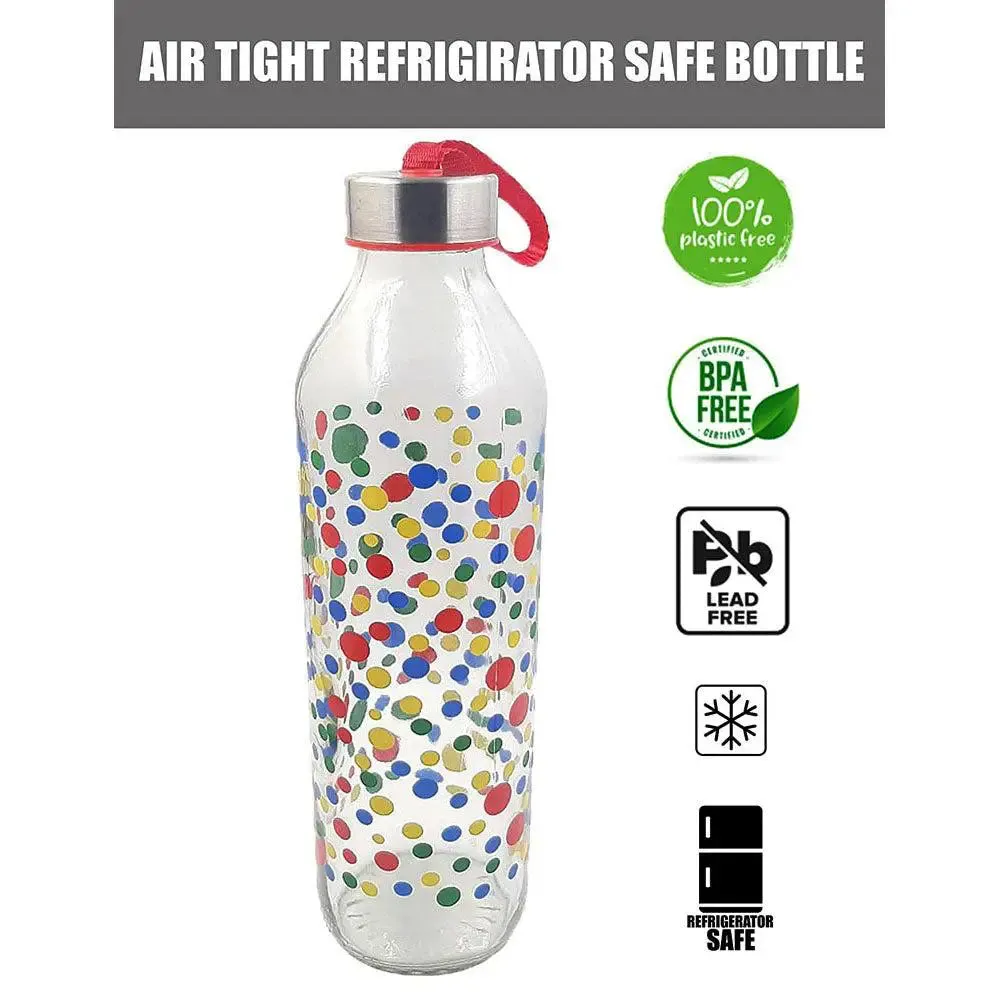 Polka Dotts Printed Glass Water Bottle With Steel Cap Set Of 2 (800 ml)