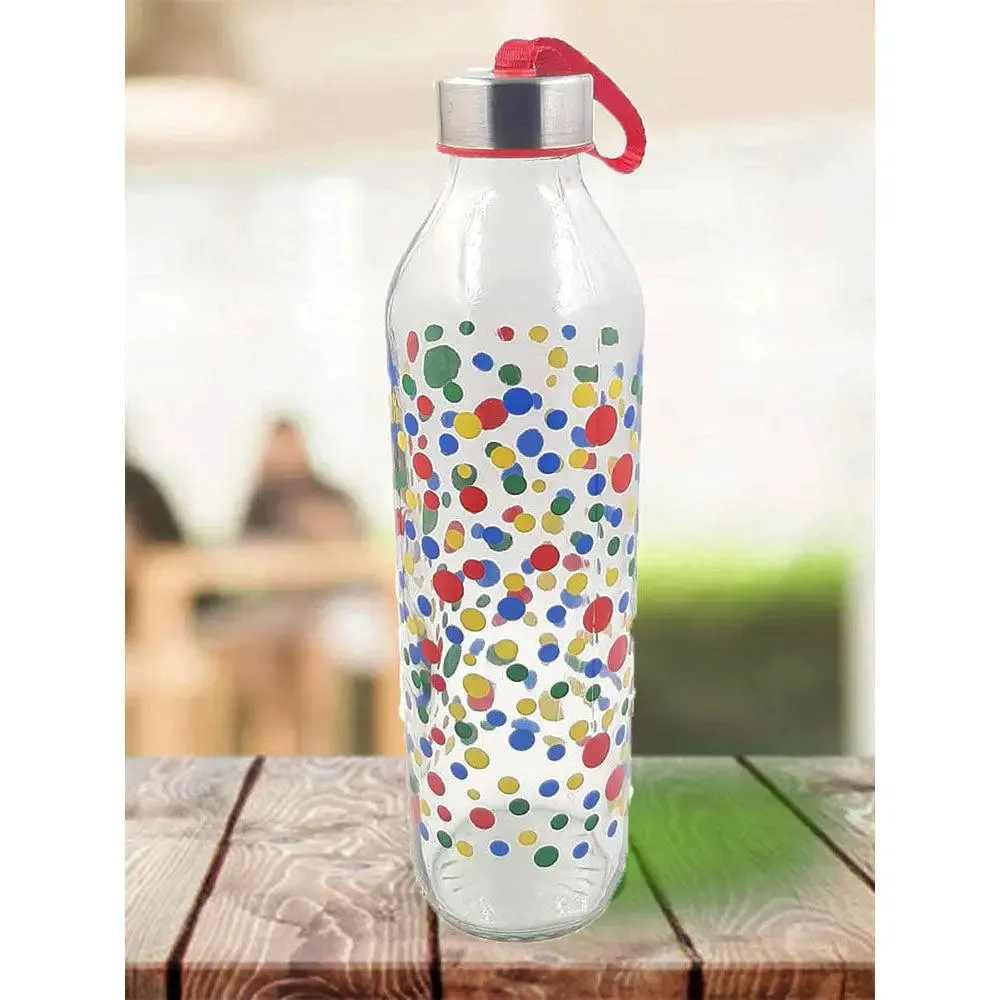 Polka Dotts Printed Glass Water Bottle With Steel Cap Set Of 2 (800 ml)