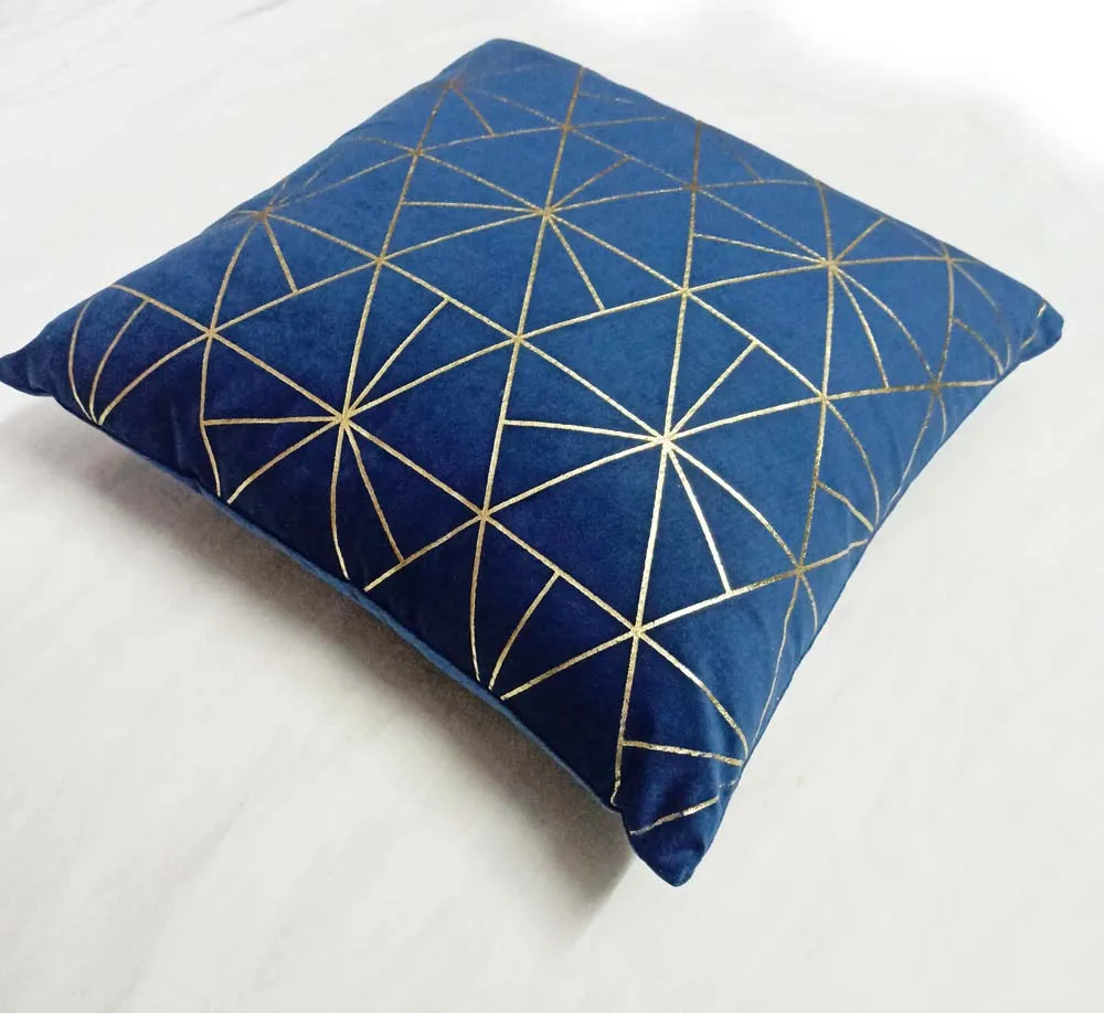 Polyester Velvet Foil Printed Blue Cushion Cover
