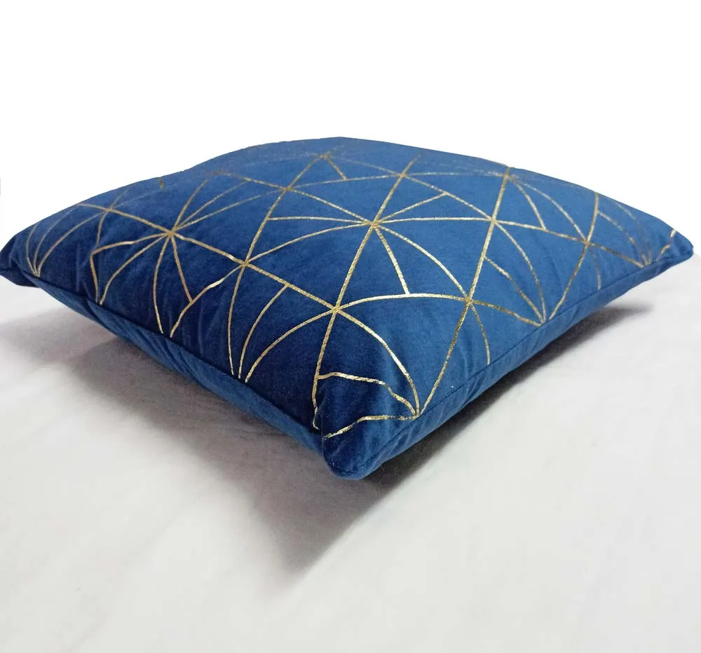 Polyester Velvet Foil Printed Blue Cushion Cover