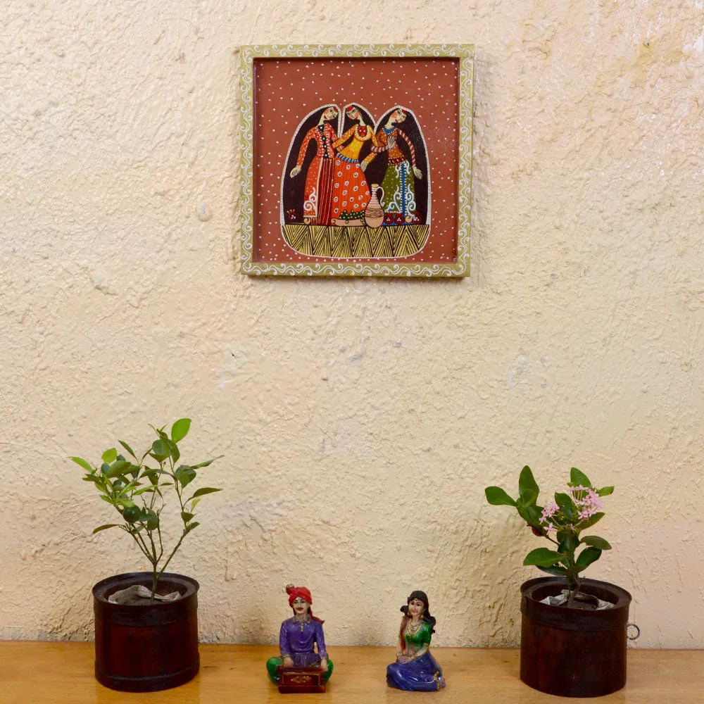 Posing Women Tribal Art Decorative Painted Wooden Wall Panel