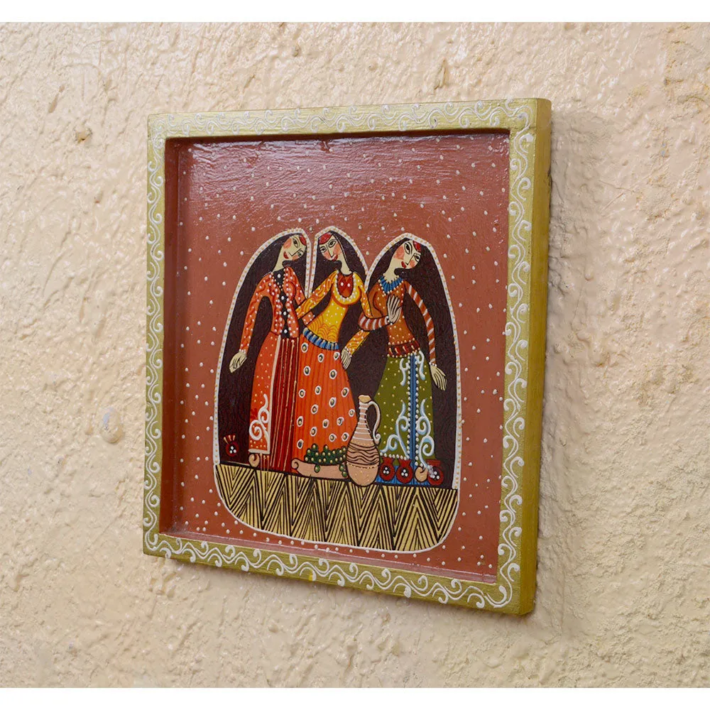 Posing Women Tribal Art Decorative Painted Wooden Wall Panel