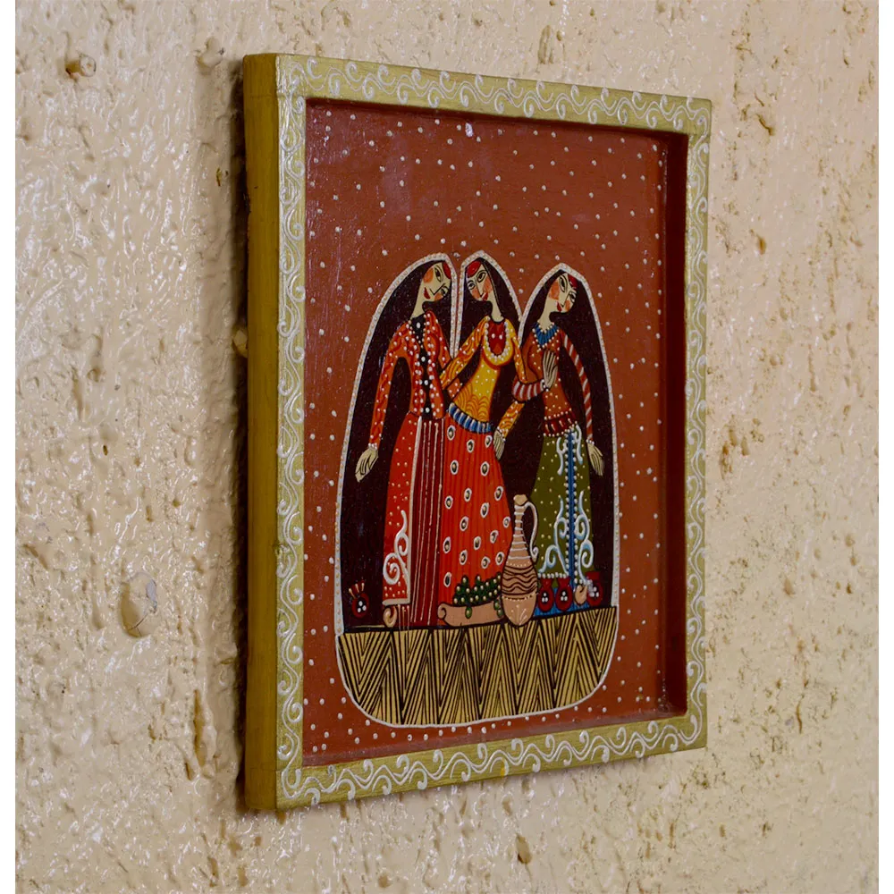 Posing Women Tribal Art Decorative Painted Wooden Wall Panel