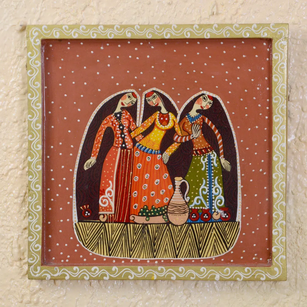 Posing Women Tribal Art Decorative Painted Wooden Wall Panel