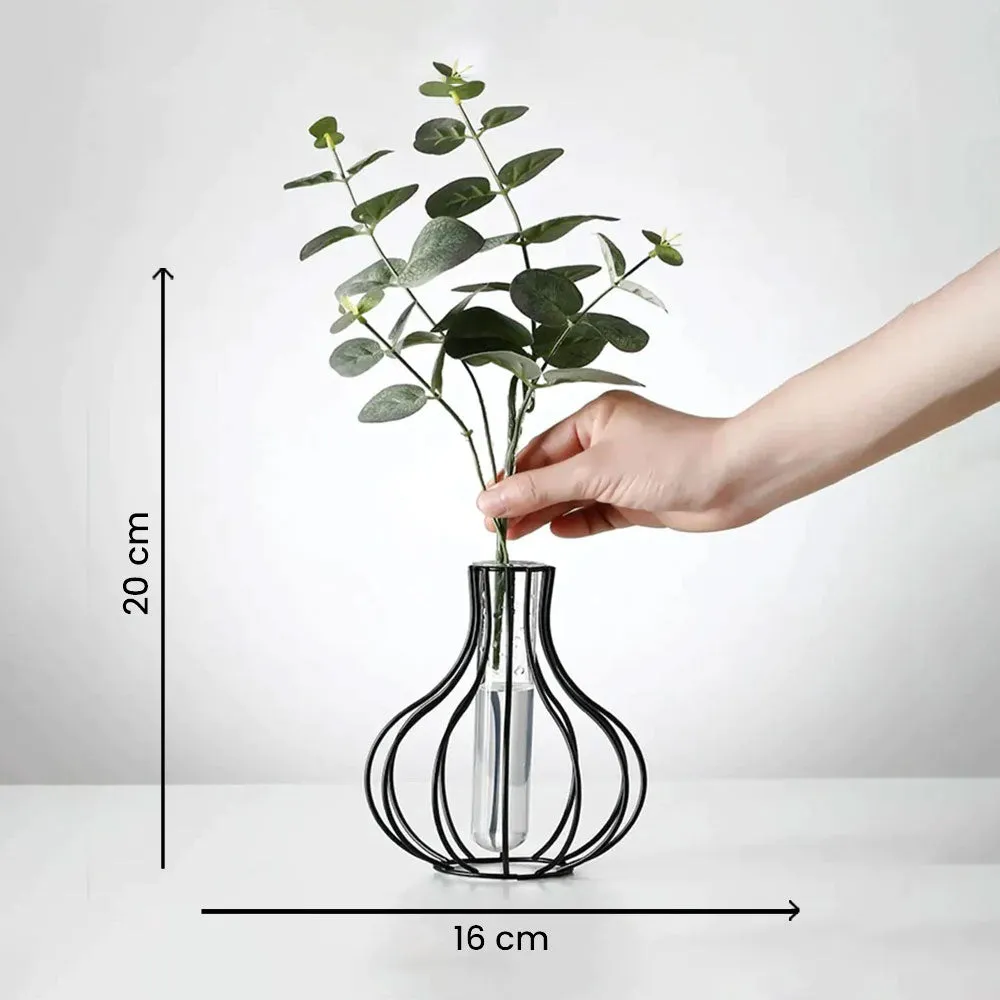 Pot Metal Wire Glass Tube Vase- Black Single Piece