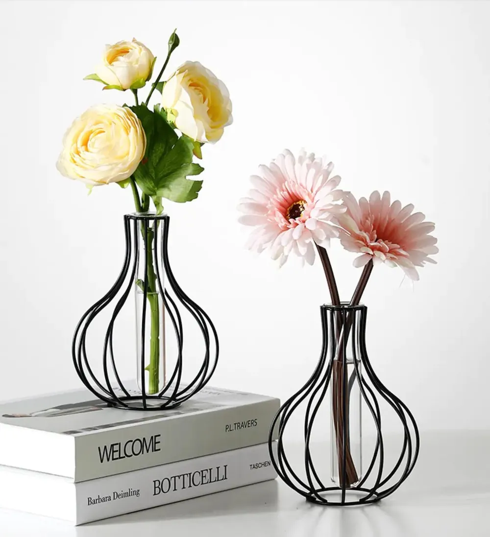 Pot Metal Wire Glass Tube Vase- Black Single Piece