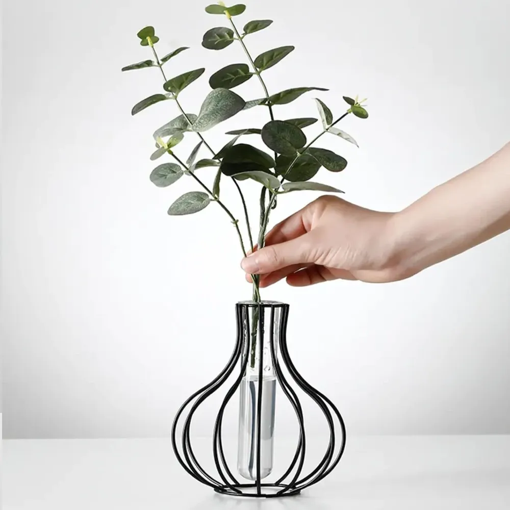 Pot Metal Wire Glass Tube Vase- Black Single Piece