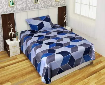 PR Trend  Blue & Purple Geometric Printed Single Bedsheet Set Of 2 With Pillow Cover