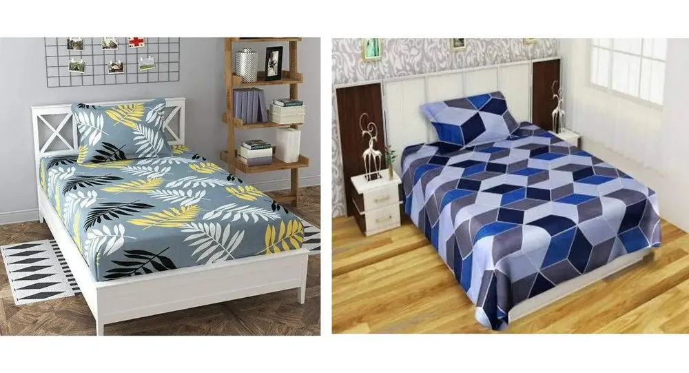 PR Trend  Leaves Printed Grey &Blue Geometric Pattern Single Bedsheet Set Of 2 With Pillow Cover