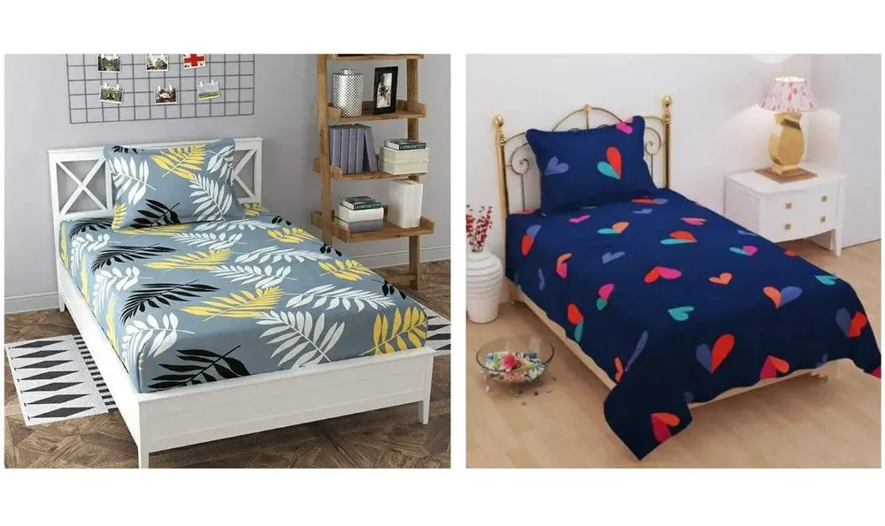 PR Trend  Leaves Printed Grey & Little Pink Hearts Printed Dark Blue Single Bedsheet Set Of 2 With Pillow Cover