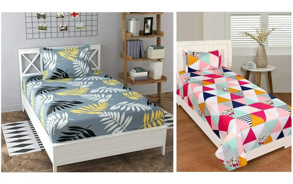 PR Trend  Leaves Printed Grey & Multicolor Geometric Printed Single Bedsheet Set Of 2 With Pillow Cover