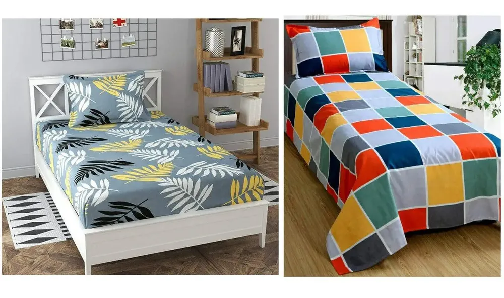 PR Trend  Leaves Printed Grey & Multicolor Square Pattern Single Bedsheet Set Of 2 With Pillow Cover